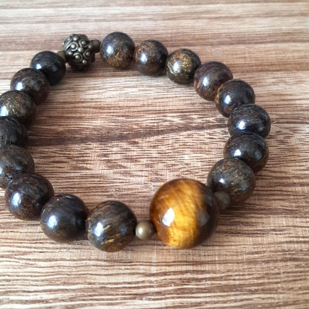 Bronzite & Tiger Eye Beaded Stretch Bracelet